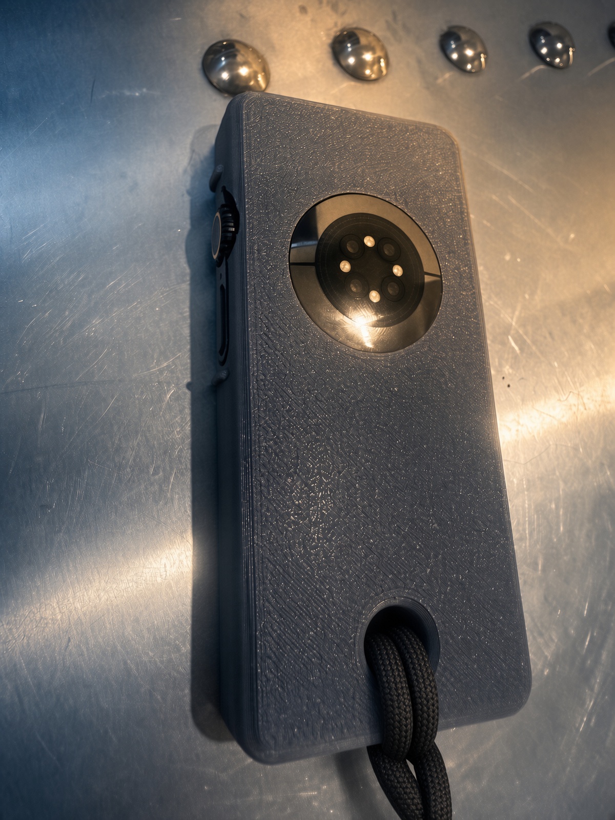 Closed Unwrist case from the back, sensor array clear, lanyard through the hole.