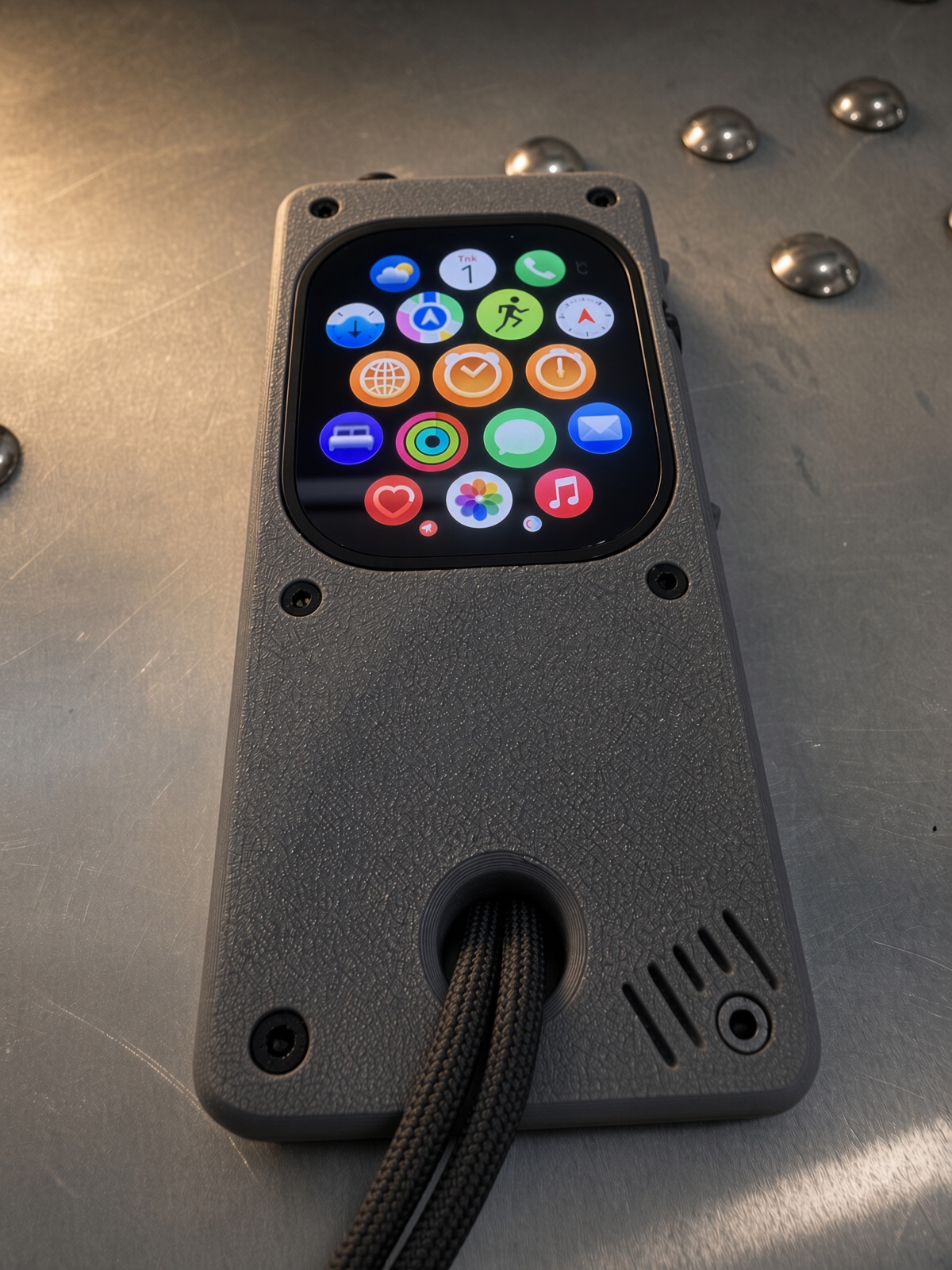 Closed Unwrist case from the front, Apple Watch Ultra screen visible, lanyard through the hole.