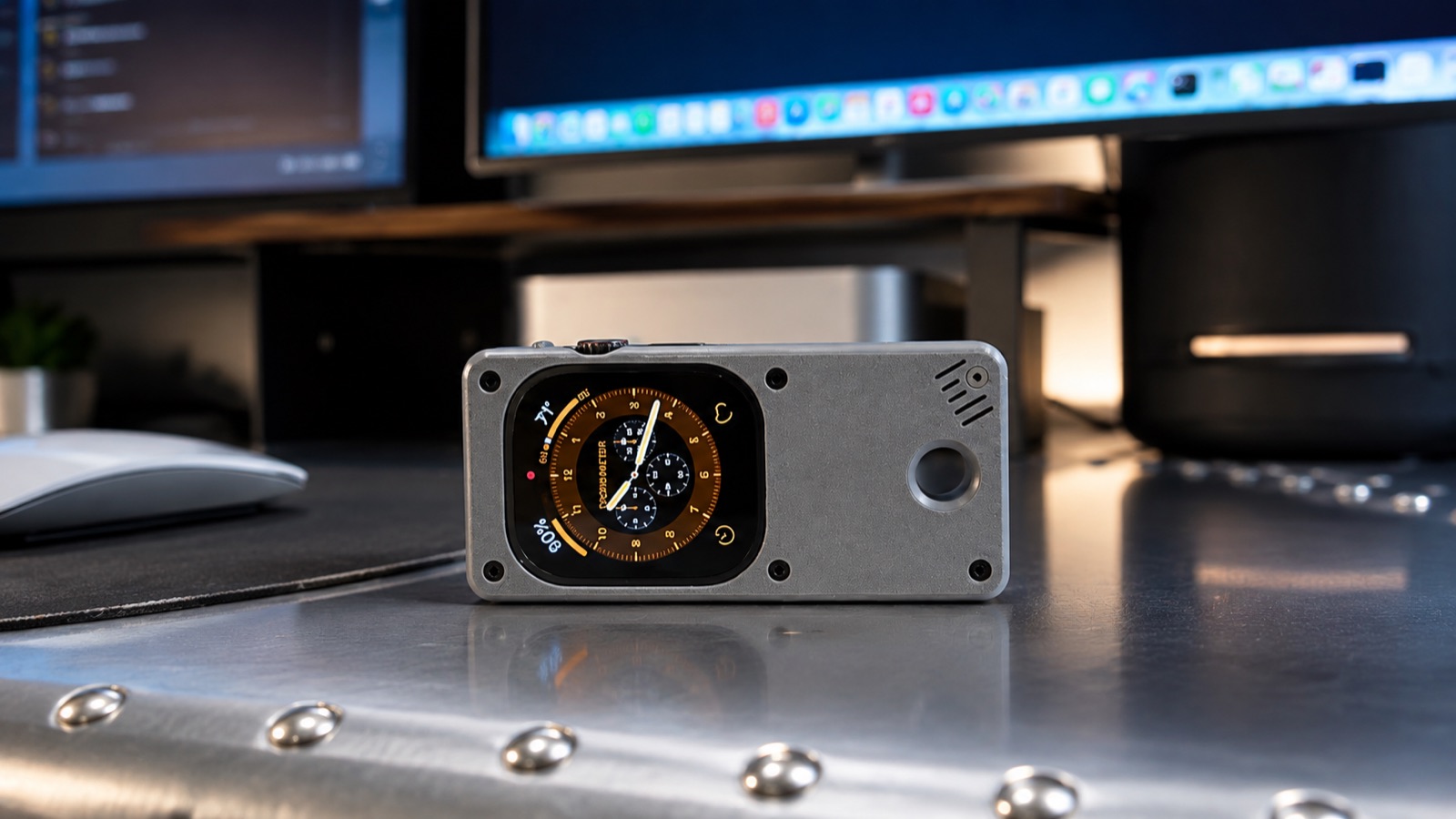 Unwrist case on a desk with an Apple Watch Ultra seated, screen and Digital Crown visible.