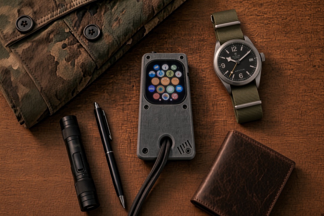 Unwrist on a wooden desk with a lanyard, beside a Tudor North Flag, flashlight, pen, wallet, and a camouflage jacket.