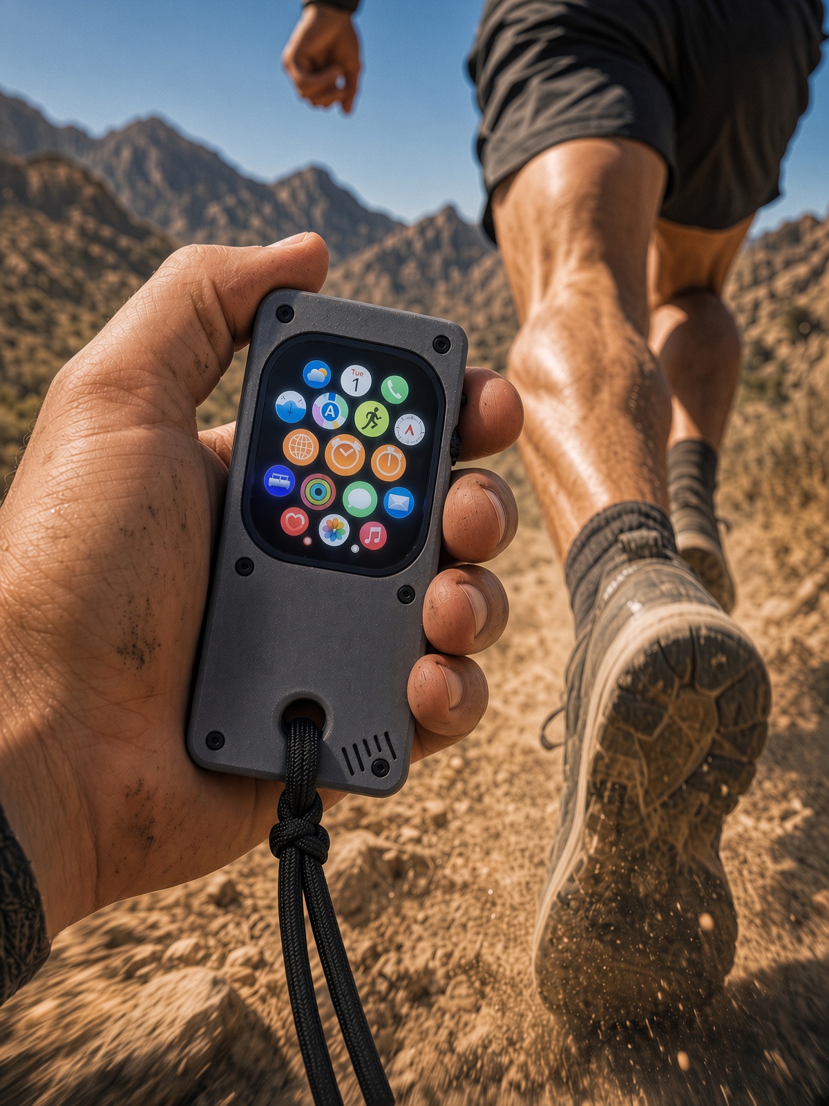 Unwrist held on a trail, screen on, with a hiker walking ahead.