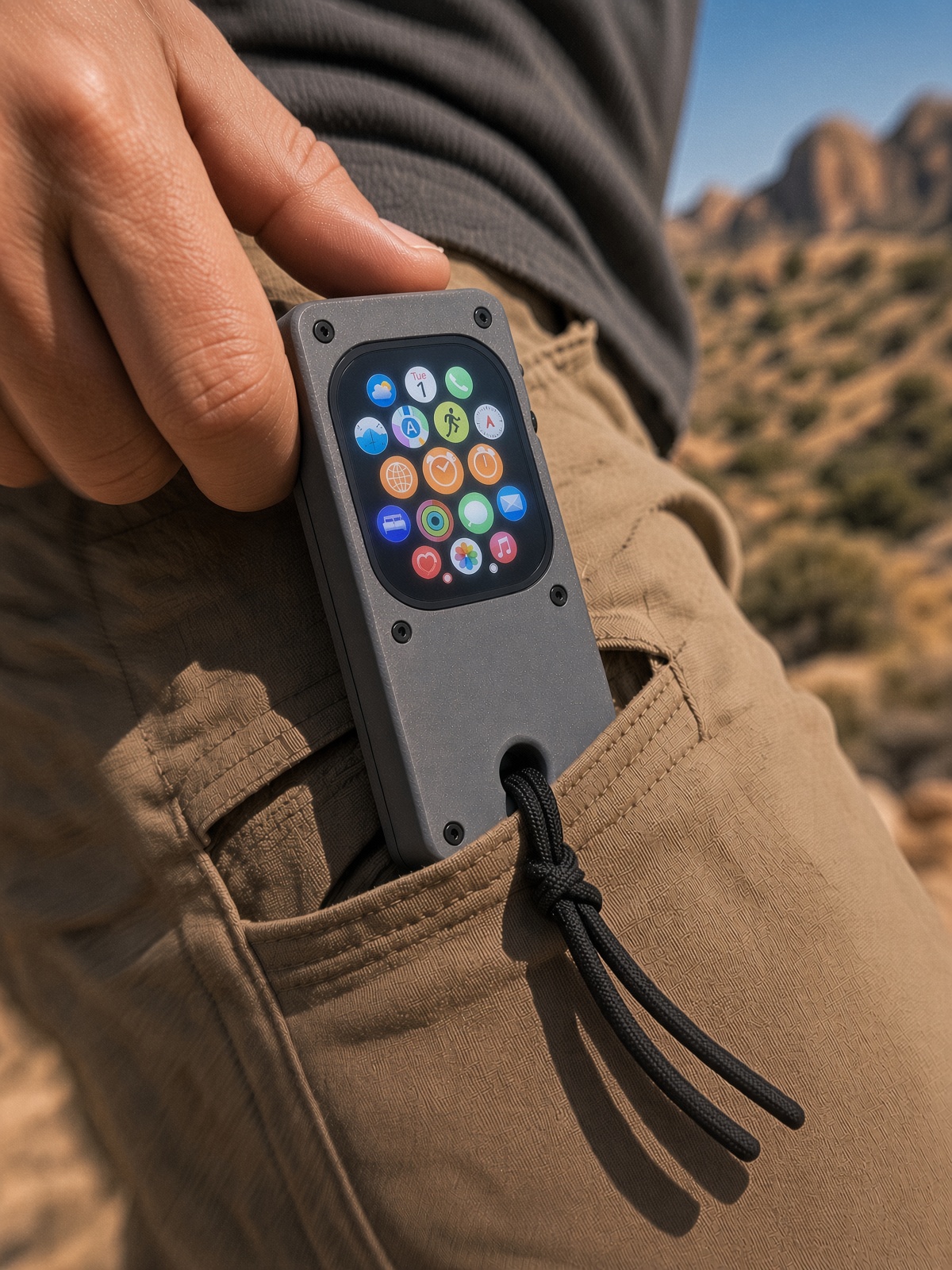 Unwrist being slipped into a pants pocket, lanyard hanging from the hole.
